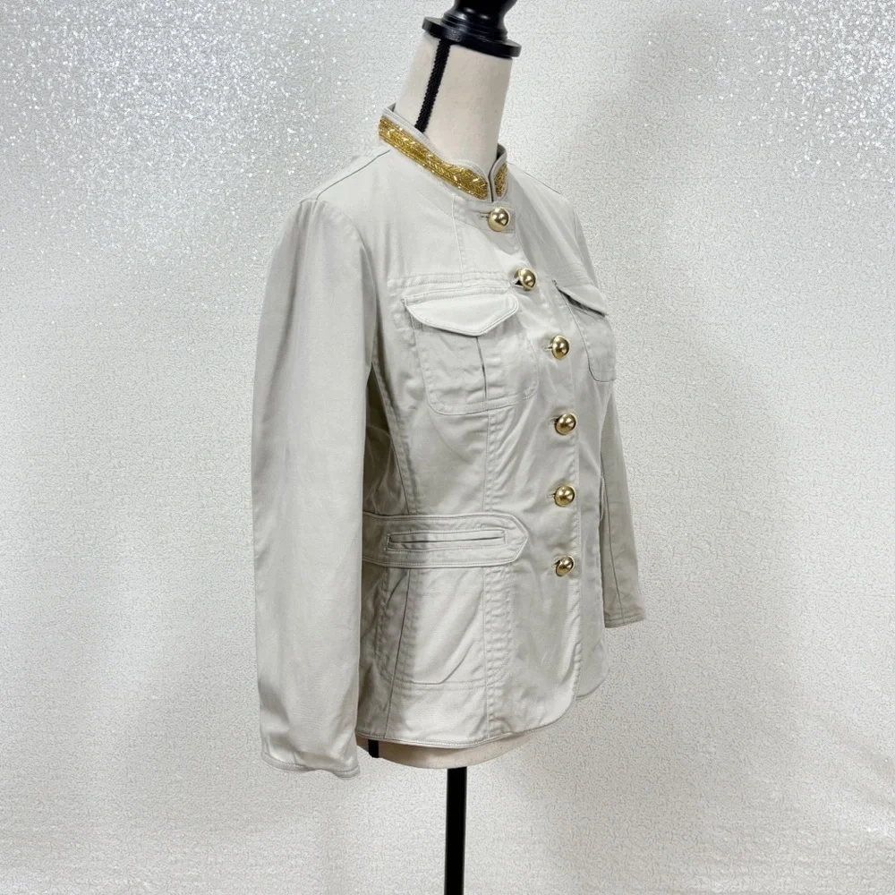 Michael Michael Kors Military Style Jacket Beige Gold Button Trim Size 8